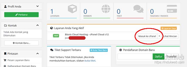 Akses login cPanel melalui Portal Pelanggan IndukWeb 1 Login cPanel Indukweb