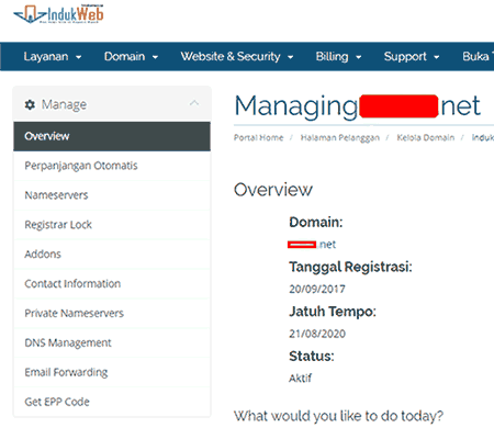Bagaimana Cara Mengelola Domain yang Saya Beli dari IndukWeb? 3 Mengelola domain di Portal Pelanggan IndukWeb
